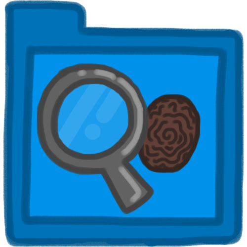 a blue folder with a grey magnifying glass and a brown thumb print